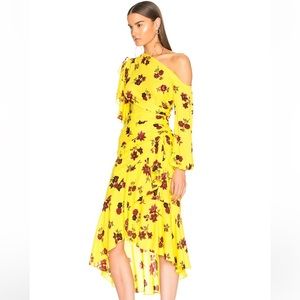 A.L.C. Dress Florence Floral One Shoulder Yellow Ruched Silk Midi Size 4